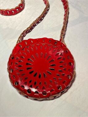 Red Round Woven Leather Crossbody Bag - Women